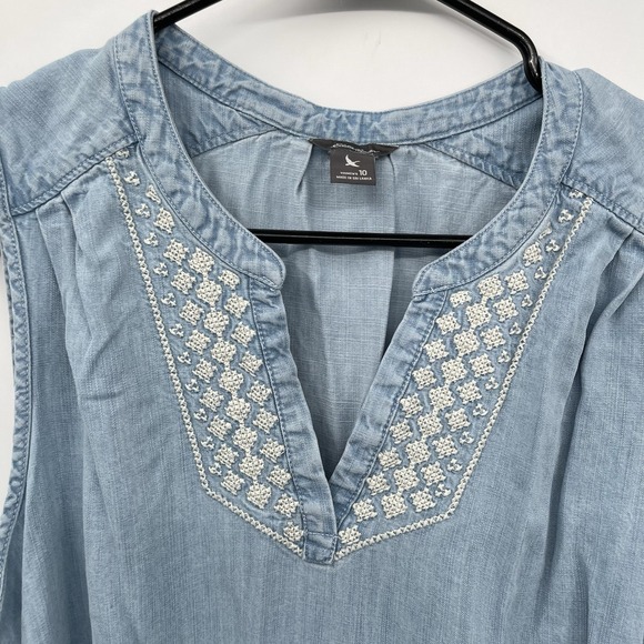 Eddie Bauer Embroidered Dress 10 Chambray Blue Sleeveless Lyocell - Picture 2 of 8